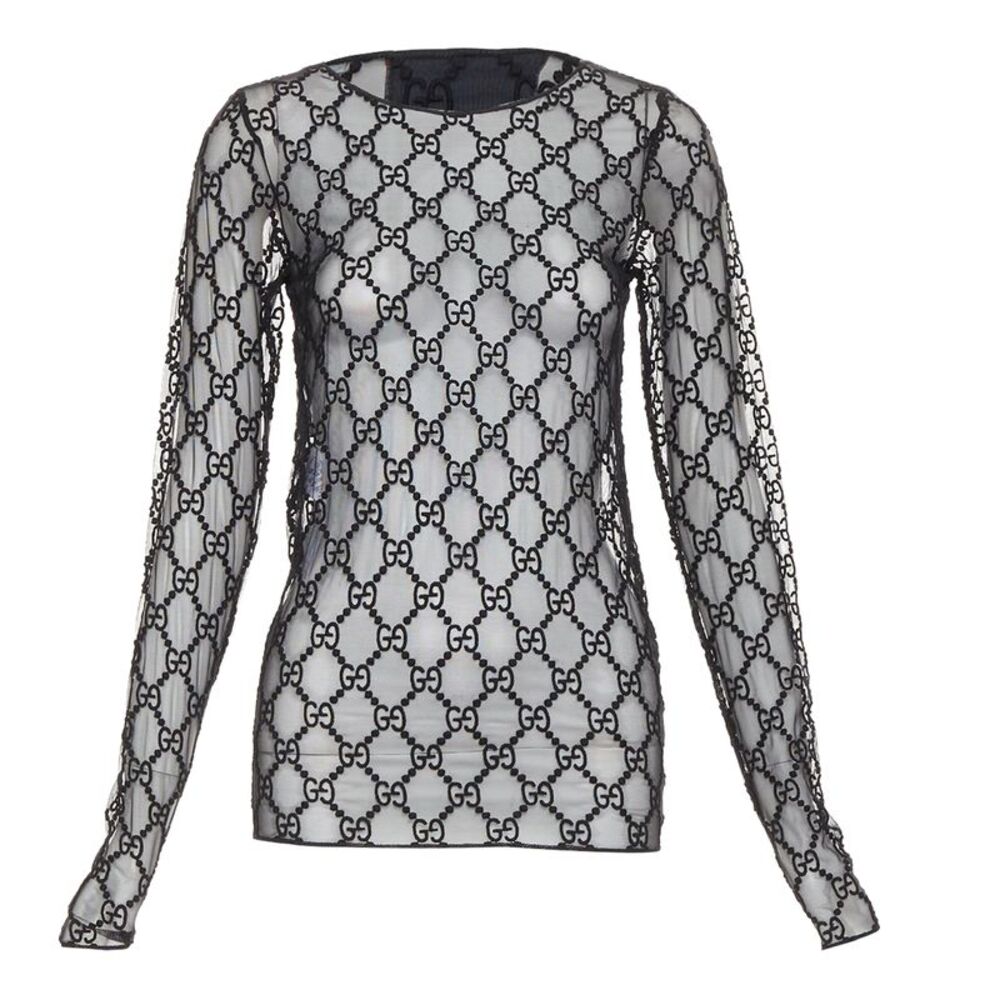 Gucci sheer monogram GG embroidered tulle long sleeve top